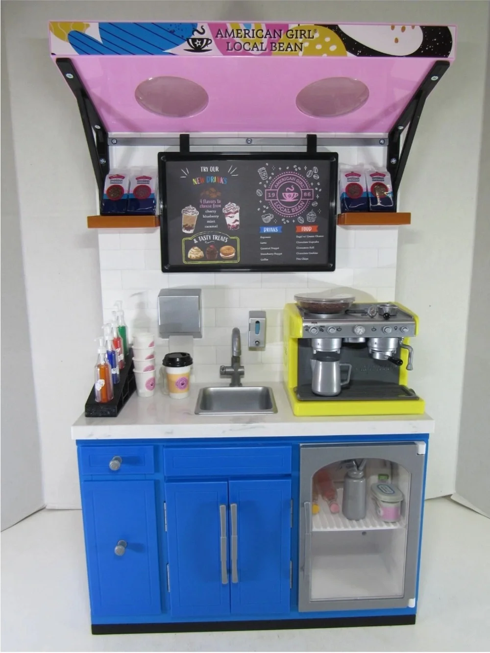 American Girl Local Bean Coffee Shop Play Counter with Yellow Espresso Machine